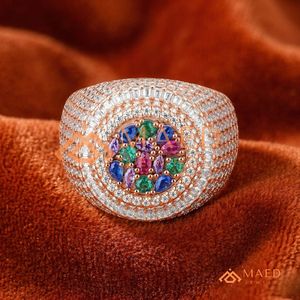 Rose Gold Plated Hip Hop Dome Ring Multi-Color Stone Cluster Iced Out Pink Gold Men's Jewellery Baguette Diamond Statement Band - Product Image 1