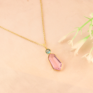 Collar al por mayor de oro de 18 quilates con colgante de cuarzo rosa de corte elegante y engaste de cuarzo hidrotermal, doble piedra, para mujer - Product Image 4