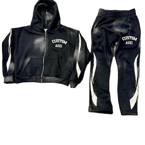 Pantalon de survêtement en coton polaire vintage épais avec impression de décoloration 100% coton French Terry Distressed Hoodie Men Tracksuit - Product Image 3