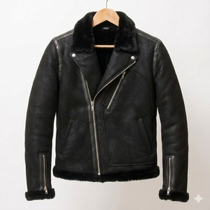 Veste d'aviateur en cuir véritable noir pour homme, col rabattu, coupe-vent, style streetwear, chaude, imperméable, avec fourrure - Product Image 1