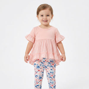 Ensemble décontracté pour filles, grande taille, haut à volants en coton, pantalon fleuri, manches courtes, tenue d'été respirante, 100% coton peigné, écologique - Product Image 4