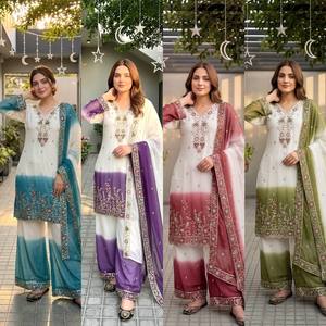 Ensemble de costume ethnique de luxe en georgette avec broderie bicolore, paillettes et dupatta assorti - Product Image 2