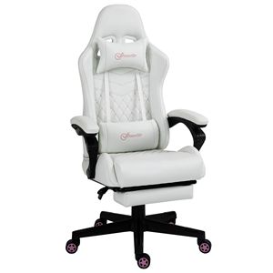 Sedia da Gaming in Pelle PU Bianca con Poggiapiedi Retrattile, Comoda Base Girevole con Ruote, Altezza Regolabile e Base in Metallo - Product Image 1