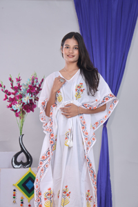 Vestido Kaftán Blanco con Estampado de Bloques, 100% Algodón, Corte Holgado, Estilo Boho, Largo hasta la Rodilla, Manga Murciélago, Cuello en V, Transpirable, para Eventos Formales - Product Image 4