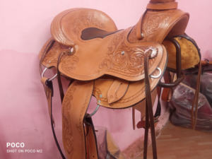 100% cuir véritable Western Roping Ranch cheval selle écologique plaine teint cheval selles avec sculpture à la main - Product Image 6