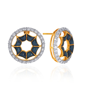 14K Yellow Gold <b>Blue</b> Enamel Geometric Halo <b>Stud</b> <b>Earrings</b> Round Lab Grown Diamond Contemporary Designer Fine Jewelry for Women - Product Image 2