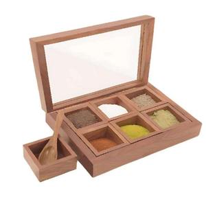 กล่องใส่เครื่องเทศไม้พร้อมฝาแก้วและช่องแบ่งหกช่องสำหรับจัดระเบียบในครัว - Product Image 1