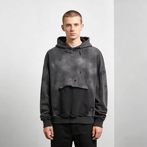 Sudadera con Capucha Extra Grande, Lavada, Desgastada y Rota, para Hombre, Negra, Felpa Francesa, 100% Algodón, Estilo Urbano Otoñal - Product Image 1
