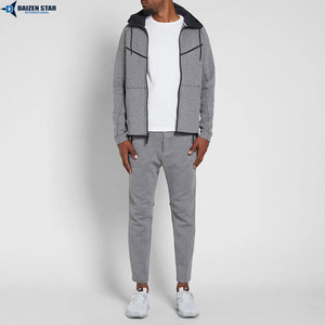 Men's Gray Hooded Fleece Tracksuit Full Sleeve Solid Color Breathable Polyester Lightweight Casual Sporty Autumn Wear Loose Fit - Product Image 2