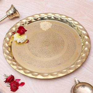 Stylish Decor Brass Pooja Thali Set Vintage Design Puja Plate with Diya Bell Kalash <b>Mandir</b> Decoration - Product Image 2