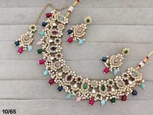 PingBling Emerald Green Kundan Bridal Necklace <b>Set</b> with Matching Earrings, Pearl Drop <b>Indian</b> Wedding Jewelry - Product Image 5
