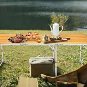 Tavolo Pieghevole Leggero in Lega di Alluminio da 6 Piedi, Effetto Legno, Forma Quadrata, Altezza Regolabile per Camera da Letto e Cucina - Product Image 2