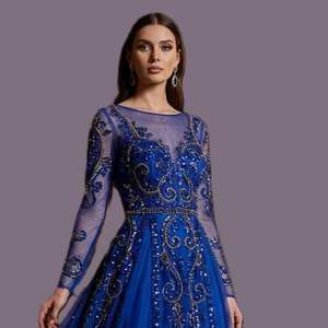 Robe de soirée bleu roi brodée en tulle, luxueuse, ornée de sequins et de perles, à manches longues, pour occasions formelles, vente en gros, fournisseur en vrac - Product Image 3