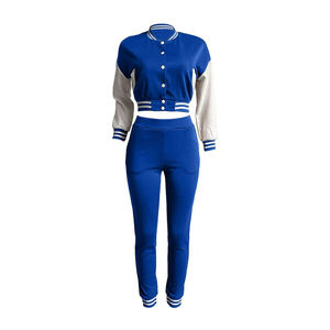 Women's Casual Solid Blue White Two Piece 2-Piece <b>Set</b> with Sweatshirt & Joggers Loose Fit Eco-Friendly - Product Image 2