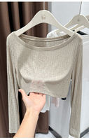 Damen-Strickpullover mit Bootsausschnitt und langen Ärmeln, kurz geschnitten, schmal geschnitten, strukturiert, leicht und dünn, als Basis-Oberteil tragbar