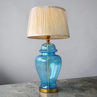 Lampu Meja Kaca Biru Kap Lampu Kain Beige Sederhana Tradisional Dekoratif Pencahayaan Ruang Tamu E27 LED AC 110V-265V Saklar
