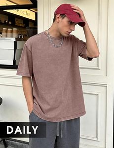 Camiseta de algodón lavado oversize para hombre, manga corta, cuello redondo, color liso, estilo casual, tejido de punto, antiencogimiento - Product Image 3