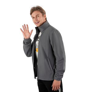 Men's Blue Fleece <b>Jacket</b> Stand Collar <b>Zipper</b> Front Casual Autumn Wear Regular Fit Polyester Material Solid Color <b>Pockets</b> - Product Image 2
