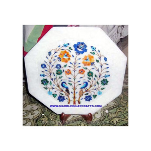 Assiette octogonale en marbre blanc exclusif de qualité supérieure, avec un magnifique motif floral, idéale pour la table à manger. - Product Image 1