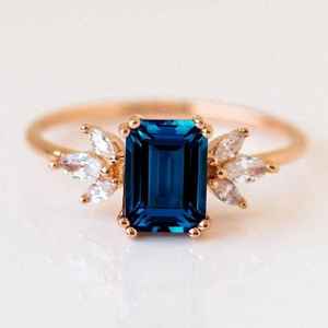 London Blue Topaz Wedding Bridal Ring Halo Emerald Cut London Blue Topaz Anniversary Ring Gift For Her - Product Image 4