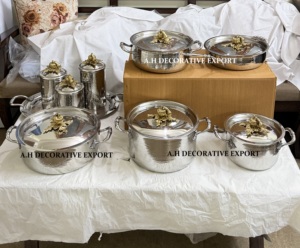 Luxury Hammered Silver Kitchen Collection Stainless Steel Casserole <b>Set</b> Tray & Matching Canisters with Gold Pumpkin Lid for Sale - Product Image 3