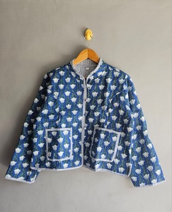 Blue Floral <b>Quilted</b> <b>Jacket</b> With Stand Collar Full Sleeve Pullover Women's Autumn Outerwear GIFT FOR HER - Product Image 1