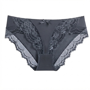 Braguitas de bikini de talle medio para mujer con ribete de encaje y detalle de lazo, color liso, transpirables, sin costuras, de punto. - Product Image 5