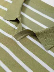 Pull en tricot rayé pour homme, col en V, col polo, coupe ajustée, décontracté, vert olive, blanc, manches longues, tricot en coton - Product Image 3