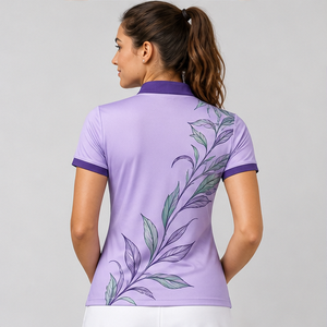 Custom Lavender Botanical Branch Womens <b>Mandarin</b> <b>Collar</b> Polo <b>Shirt</b> Quick Dry Breathable Short Sleeve Uniform WPS-0839 - Product Image 6