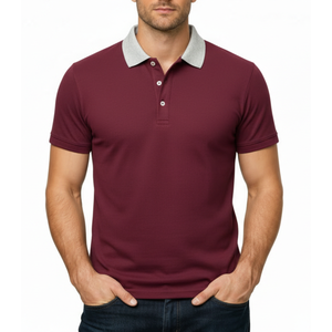 Premium <b>Maroon</b> Men's Polo Shirt Contrast light Grey Collar Short Sleeve Two-Tone Casual Golf Wear Polo <b>Top</b> - Product Image 1