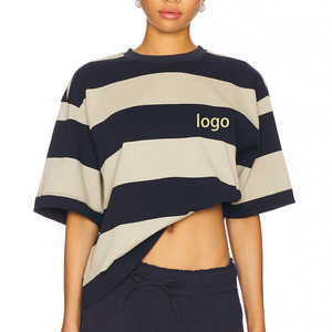 Oversized <b>Striped</b> Crop <b>T</b>-<b>Shirt</b> With Logo Front Short Sleeve Casual Jersey <b>Men's</b> Top - Product Image 2