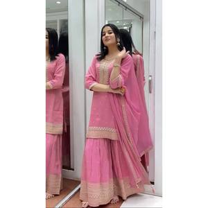 Haut de travail à broderie lourde pour femme-Ensemble Plazzo et Dupatta Costume de fête élégant - Product Image 3