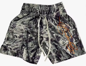 Shorts pour hommes à imprimé camouflage, taille mi-haute, séchage rapide, décontractés, avec logo orange sur le devant - Product Image 5