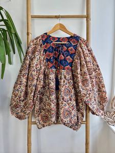 Camiseta sin mangas Bohemia floral terroso de algodón puro elegante y cómoda ropa de día corta de verano con estampado de bloque indio Bagru - Product Image 5