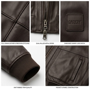 <b>Mens</b> Dark Brown Full Grain Genuine <b>Leather</b> <b>Bomber</b> Jacket Ribbed Knit Trim Custom Logo Winter Flight Coat OEM Factory - Product Image 6