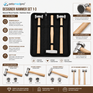 Juego de martillos de diseño 1-3 con mango de madera natural, herramienta para texturizar joyas y conformar metal, 9-1/4 pulgadas, ZetomedPro - Product Image 2