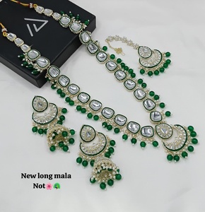 Long Kundan Necklace <b>Set</b> with Green Beads, Silver Kundan Choker, Statement Earrings, Maang Tikka & Bridal Wedding Jewellery - Product Image 3