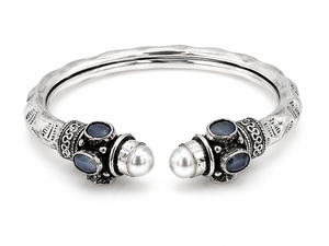 Brazalete de Moda en Latón Plateado Oxidado, Unisex, con Perlas de Piedra Antiguas, Joyería Kada, Regalo - Product Image 1