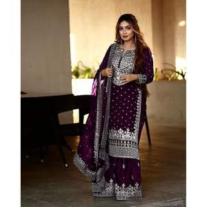 DISEÑADOR GEORGETTE BORDADO SECUENCIA TRABAJO TOP SHARARA CON DUPATTA MORADO - Product Image 1