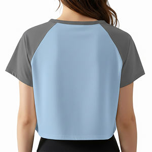 New Arrival 2026 Women's Cropped Color Blocked T-Shirt Raglan Sleeve O-<b>Neck</b> Quick Dry Sporty Knitted Short Sleeve <b>Light</b> Blue - Product Image 2