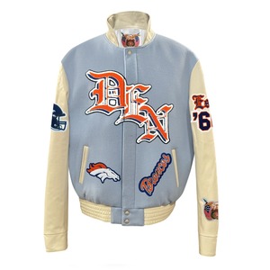 Chaqueta Varsity Denver Broncos de Lana y Cuero Estilo Inglés Antiguo Azul Celeste - Product Image 1