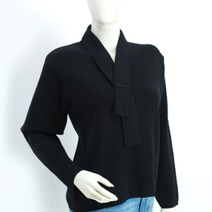 Women's Minimalist Scarf Collar Pullover Full Sleeve Solid Color <b>Wool</b> Knit Breathable Autumn Wear Regular Length Soft Ties - Product Image 1