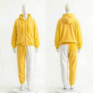 ชุดวอร์มมีฮู้ดสีเหลืองขาวแบบยูนิเซ็กซ์  ผ้าฟลีซทั้งตัว  เสื้อแขนยาวและกางเกงจ็อกเกอร์  ชุดลำลองสำหรับผู้ใหญ่  ใส่ได้ในฤดูใบไม้ร่วง - Product Image 1