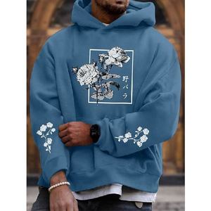 Sudadera con Capucha Azul para Hombre, Estampado Floral, Tejido de Algodón, Informal, para Otoño, con Bolsillo Delantero, Corte Regular - Product Image 4