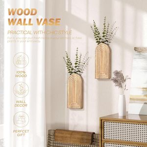 Ensemble de 2 vases muraux en bois de pin pour décoration de ferme - Jardinières suspendues pour l'intérieur, chambre, salon, salle de bain ou bureau - Product Image 4