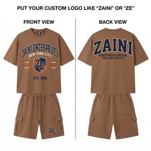 <b>Men</b> T <b>Shirt</b> Short Set Premium 240 GSM Cotton Jersey Streetwear Two Piece Set <b>Brown</b> Custom Logo Screen Print Relaxed Fit Casual - Product Image 1