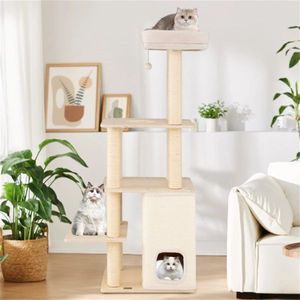 Albero per Gatti in Legno da 63 Pollici con Cuccia a 2 Piani, 5 Tiragraffi in Sisal, Capacità 44 Libbre per Livello, Tiragraffi Interno in Bambù - Product Image 5