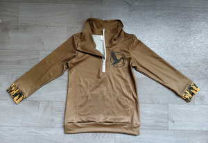 Chemise décontractée marron Longlv à fermeture éclair sur le devant avec logo canard et poignets camouflage pour enfants, en Spandex/Polyester, coupe ample, style chinois - Product Image 2