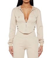 Pull-over en cuir pour femmes, détail de passepoil, corset à double cordon de serrage en cuir, sweats à capuche courts