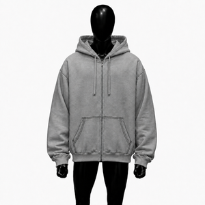 Oversized <b>Grey</b> Zip Up Hoodie <b>Men</b> Streetwear Full Zipper Hooded <b>Sweatshirt</b> Drop Shoulder Contrast Stitching Casual Wear Long Fits - Product Image 1